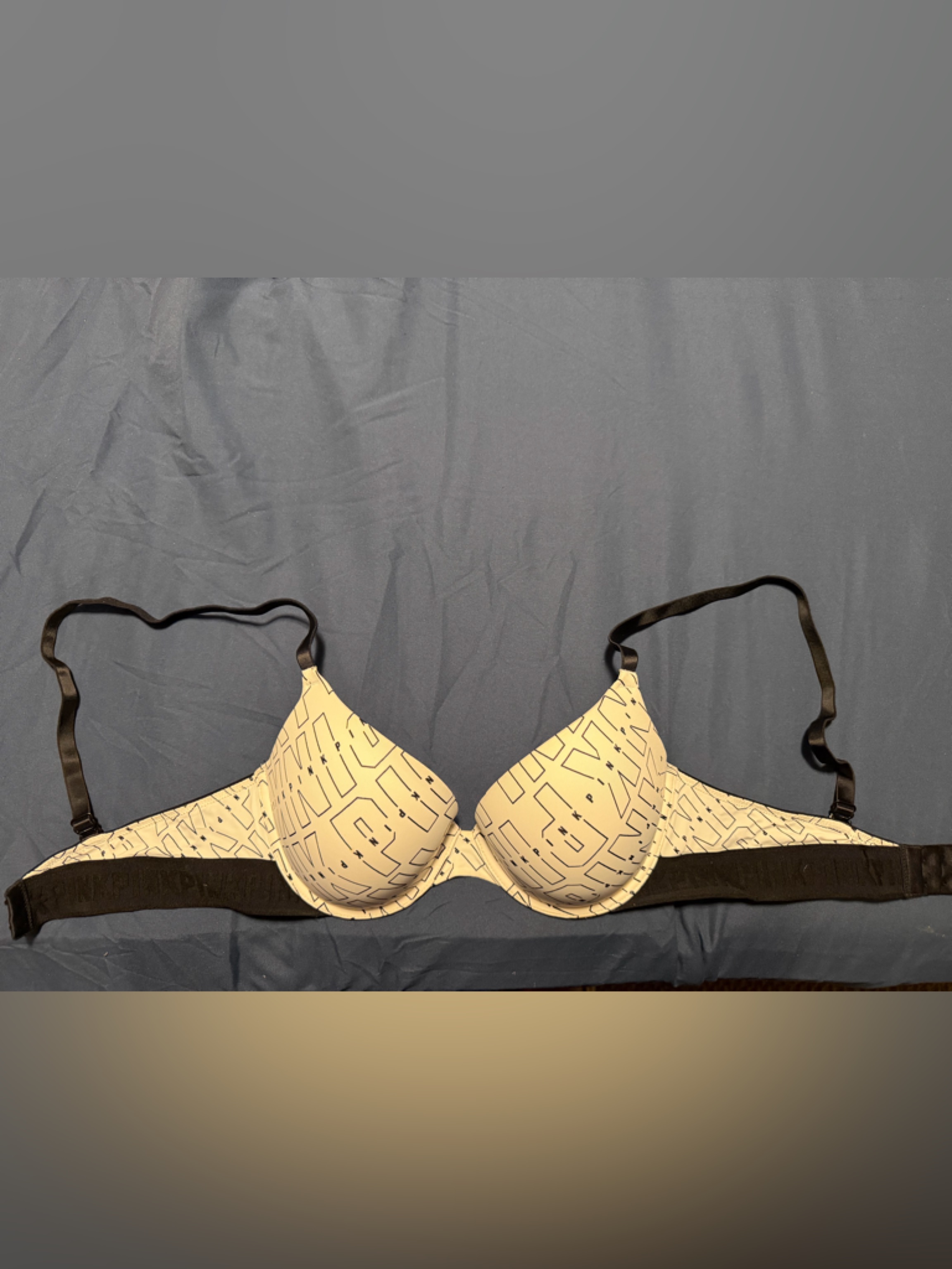 Pink Victoria's Secret Cream Logo-Print Wear Ever Push Up Bra With Black Trim